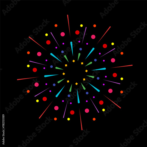 Vivid firework outbreak with radiant spark flare. Abstract explosion graphic with colorful sunburst rays. Shining banger design isolated on black background