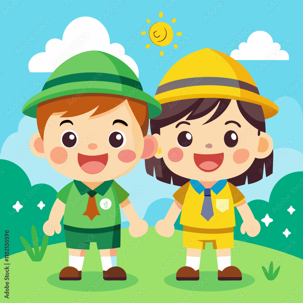 Cute Cartoon Children as Boy and Girl Scouts in Colorful Uniforms – Adorable Kids Adventure Illustration Cute Cartoon Children as Boy and Girl Scouts in Colorful Uniforms – Adorable Kids Adventure Illustration
