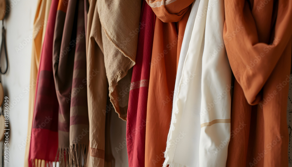 Various distressed fabric scarves in rich earth tones are draped against a wall, close-up, with white tones Various distressed fabric scarves in rich earth tones are draped against a wall, close-up, with white tones