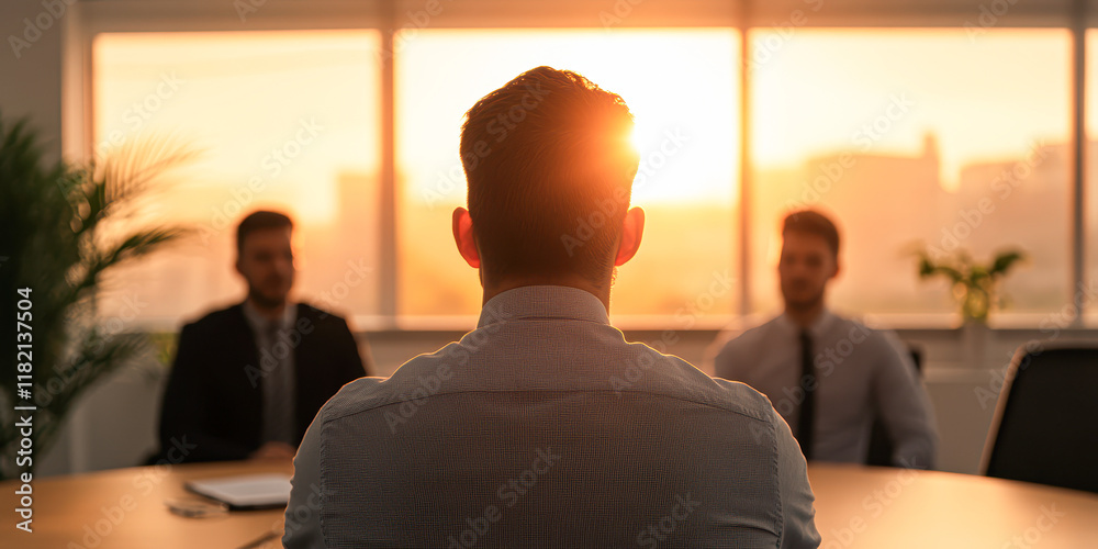 Fototapeta premium A man sits at a table with two other men, all wearing suits