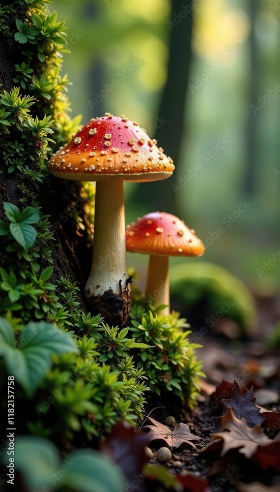 Overgrown vines with orange cap boletus mushrooms, forest, earthy, autumn Overgrown vines with orange cap boletus mushrooms, forest, earthy, autumn