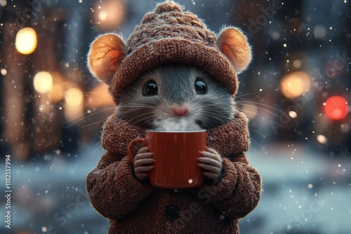 Problem of cold animals. Sad cute baby animal rat in winter warm clothes, holding steaming cup with rising steam in paws. Social ad campaign - Ð°nimal care. Humanity nature action. Zoo nature. photo