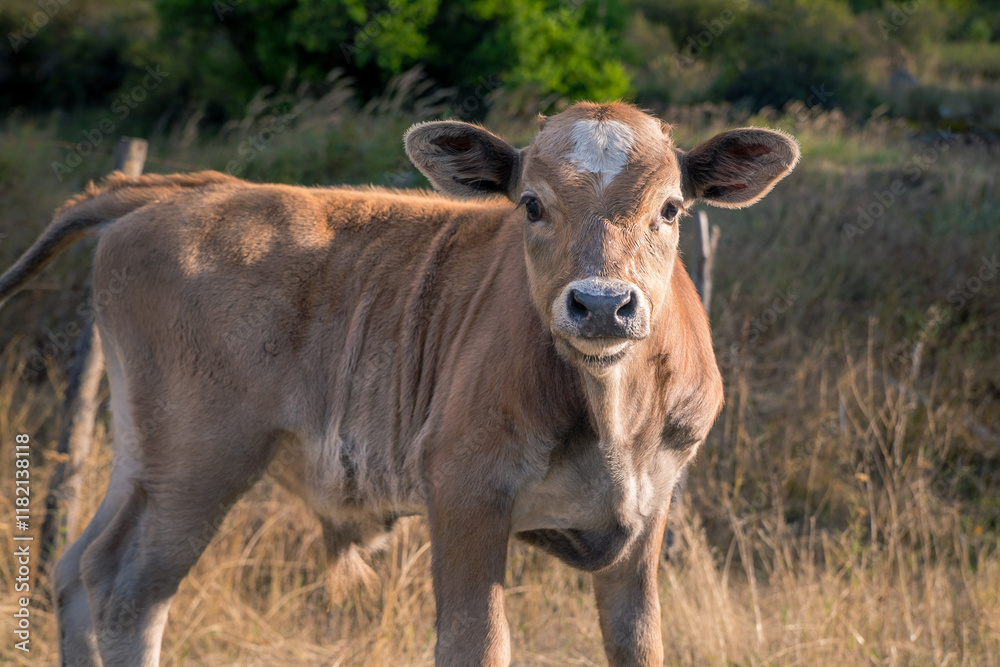 Little brown calf in the meadow looking at you Little brown calf in the meadow looking at you