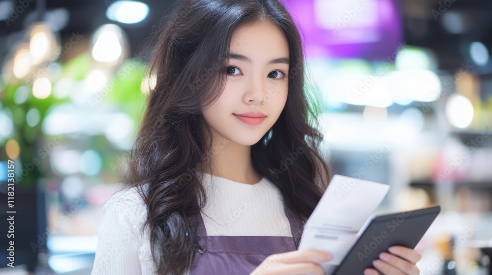 Young Woman with Tablet Shopping in a Modern Store Setting Young Woman with Tablet Shopping in a Modern Store Setting