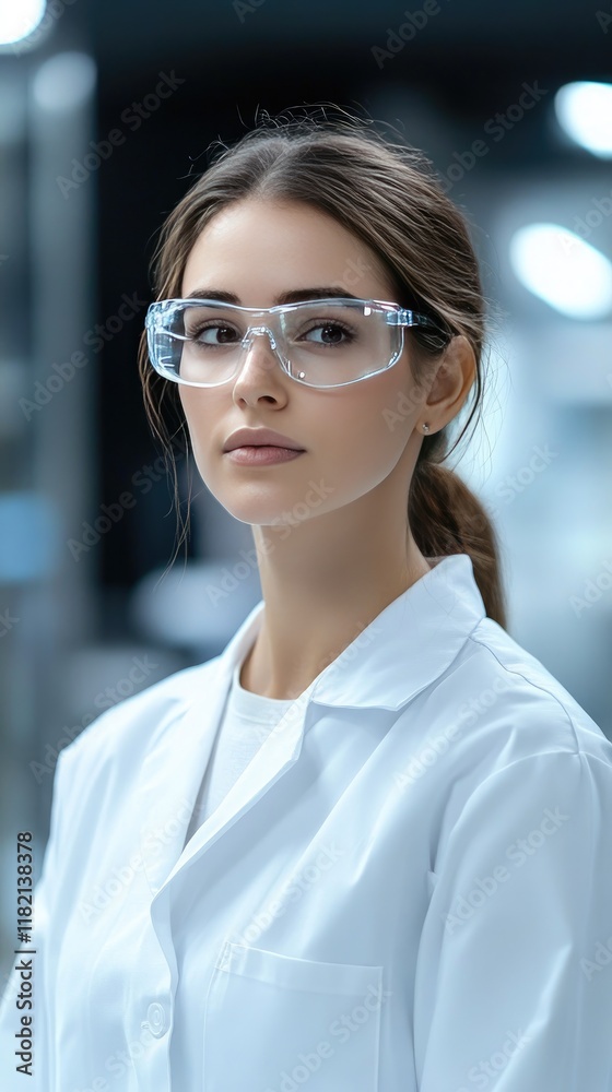 Fototapeta premium Female scientist in white coat and mask intensely studies blue liquid using a microscope, focused on her research in the lab