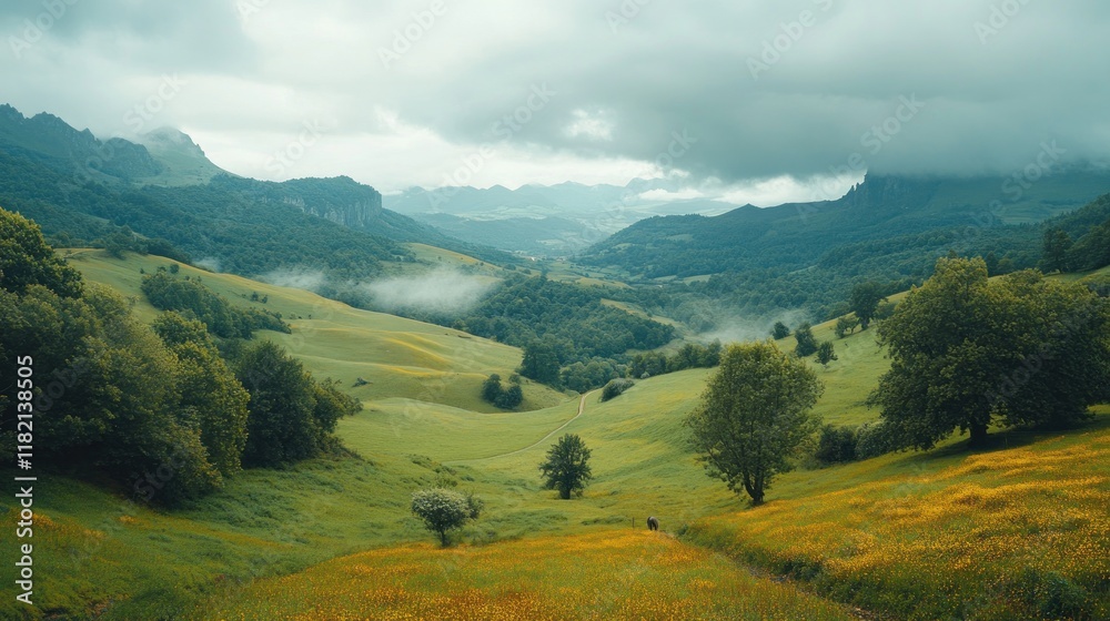 Fototapeta premium Majestic lush green valley with trees and colorful grass against high mountains in asturias in spain. beautiful view landscape with tree sky