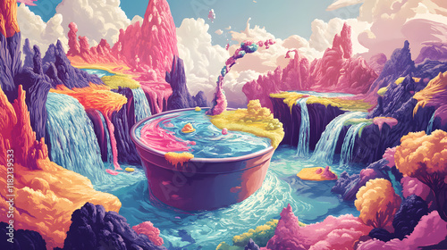 Abstract Bucket with Dreamlike Scenarios, Floating Islands, and Fantasy-Inspired Elements in Surreal and Whimsical Style. photo