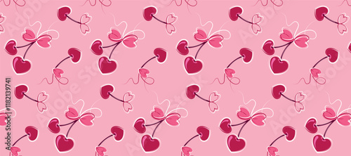 Cherry pattern in the shape of hearts. Print for the holiday. Valentine's Day. Concept of love and romance. Template for Valentine's Day packaging, textiles, corporate identity.