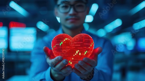A trader holding a glowing heart chart representing a profitable Valentines Day, finance romance, market success, symbolic art