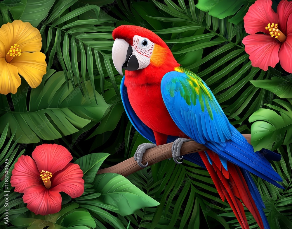 Fototapeta premium A gorgeous, vividly colored parrot sitting on a branch amidst a lively jungle adorned with blossoms.