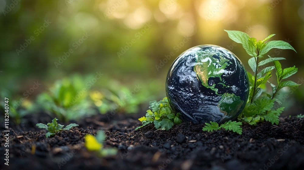 A globe rests on soil with green plants, symbolizing environmental sustainability and growth. A globe rests on soil with green plants, symbolizing environmental sustainability and growth.