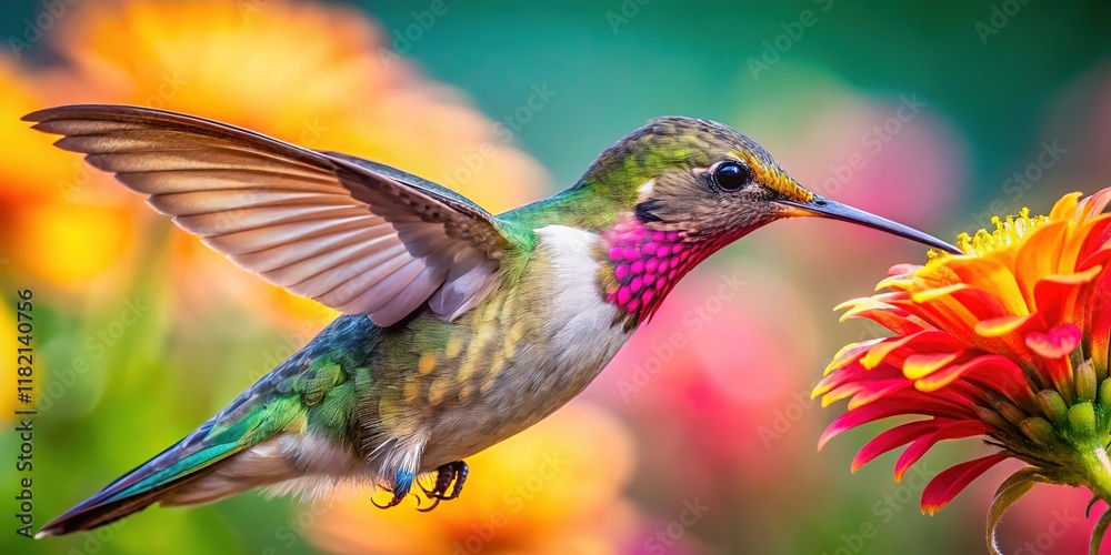Fototapeta premium A tiny hummingbird sips nectar from a flower. Close-up view.