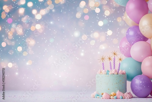 Cosmic-themed birthday celebration with meteor shower cake festive venue digital art cheerful atmosphere aerial view birthday joy photo