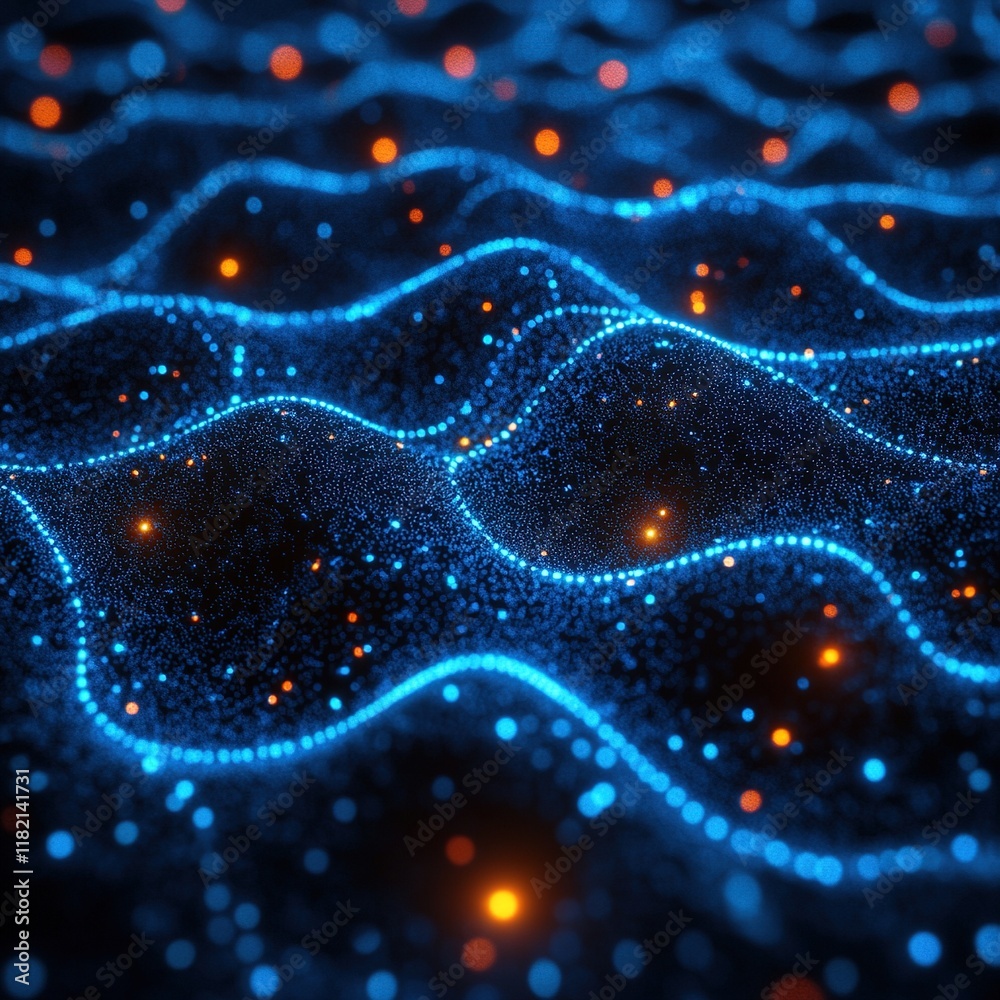 A digital representation of flowing waves with glowing particles, illustrating movement and energy. A digital representation of flowing waves with glowing particles, illustrating movement and energy.