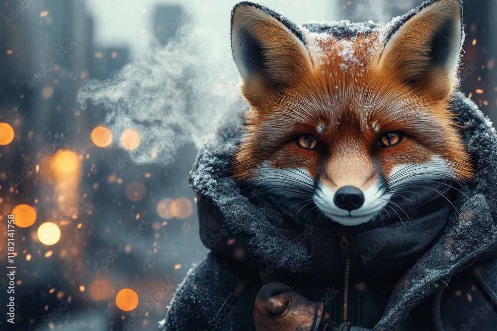Fototapeta premium Hilarious animals. Zoo pet health. Happy cute baby animal fox in winter warm clothes, cold breath from nose and mouth in chilly air. Winter pet shelter. Animal rights ads. Wild animal projec.