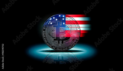 A bitcoin coin with the U.S. flag in the background. Cryptocurrencies. Federal Reserve.