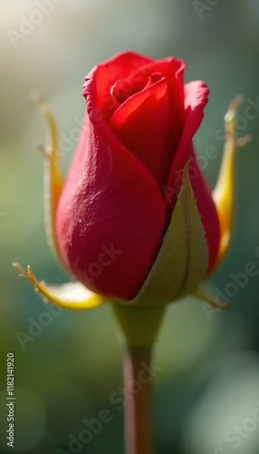 Red rose bud representing romance against blurred background.