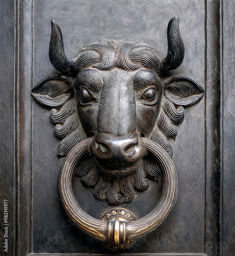 old metal door knocker, doorbell, bull's head