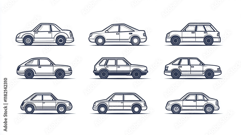Linear style vector illustration of a set of car icons