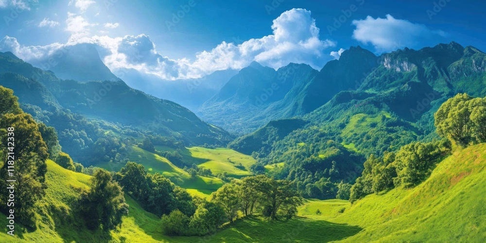 Obraz premium Majestic lush green valley with trees and colorful grass against high mountains in asturias in spain. beautiful view landscape with tree sky