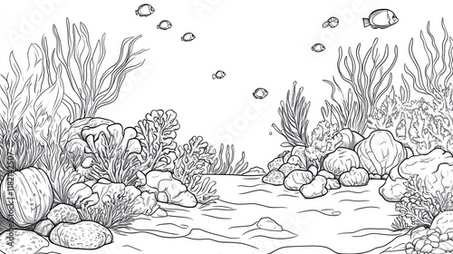 Fototapeta Naklejka Na Ścianę i Meble -  Underwater coral reef scene, monochrome, ocean floor, fish swimming, coloring book illustration