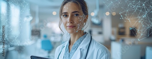 Dentist interacts with the patient while using a VR computer to fill out charts and manage schedules, leveraging AI technology for innovative treatments in dental practices