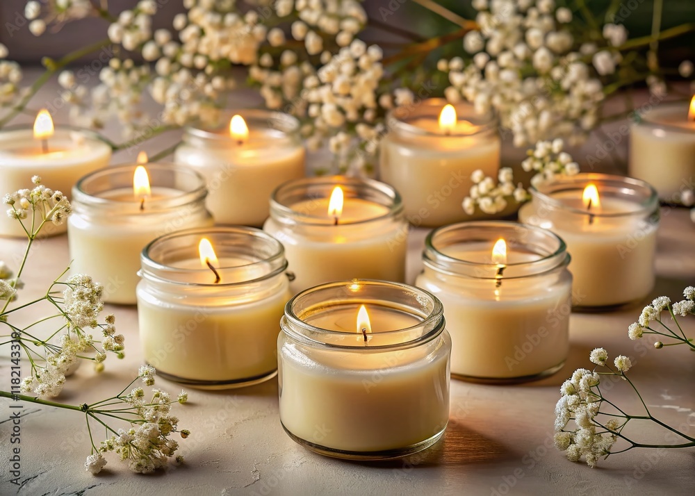 Soy Wax Candles in Glass Jars with Gypsophila Flowers - Beige Background Soy Wax Candles in Glass Jars with Gypsophila Flowers - Beige Background