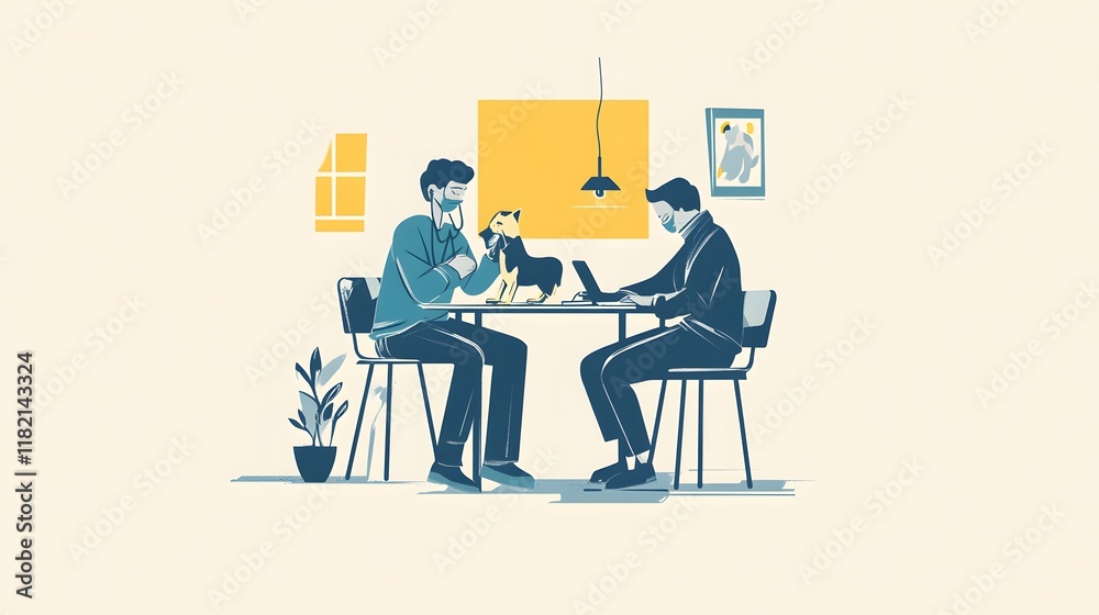 A simple flat vector illustration of two people with their dog in the pet clinic A simple flat vector illustration of two people with their dog in the pet clinic