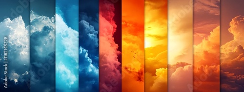 Digital artwork depicting a visually striking representation of the varying frequencies of different weather patterns in the atmosphere with a vibrant gradient of colors and dramatic cloud formations