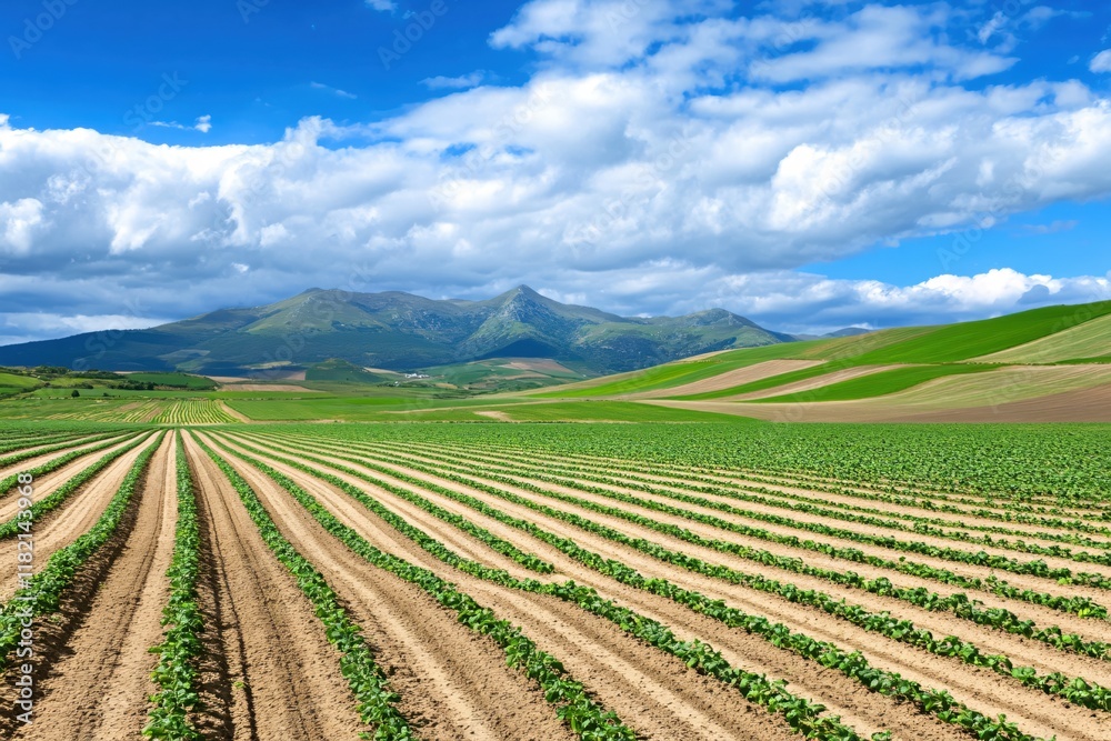 Rolling Green Fields Under a Beautiful Blue Sky with Fluffy White Clouds Rolling Green Fields Under a Beautiful Blue Sky with Fluffy White Clouds