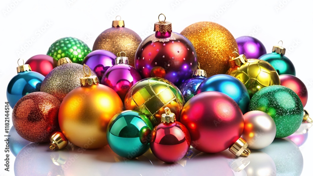 Sparkling Christmas Ornaments: Isolated Festive Baubles on White Background Sparkling Christmas Ornaments: Isolated Festive Baubles on White Background