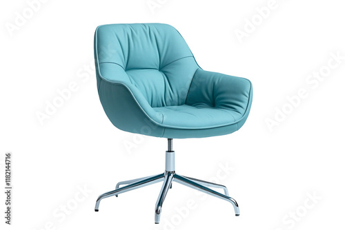 A pale blue chair with a padded seat and back support, featuring photo