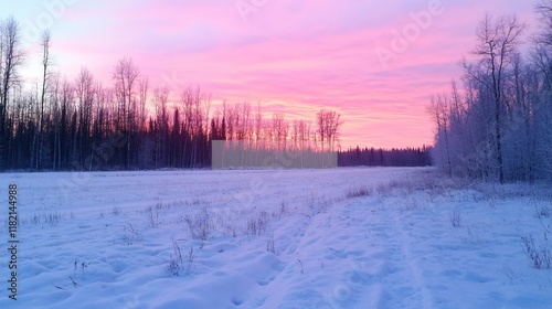 Serene Winter Landscape at Sunset with Vibrant Pink and Purple Sky Over Snow photo