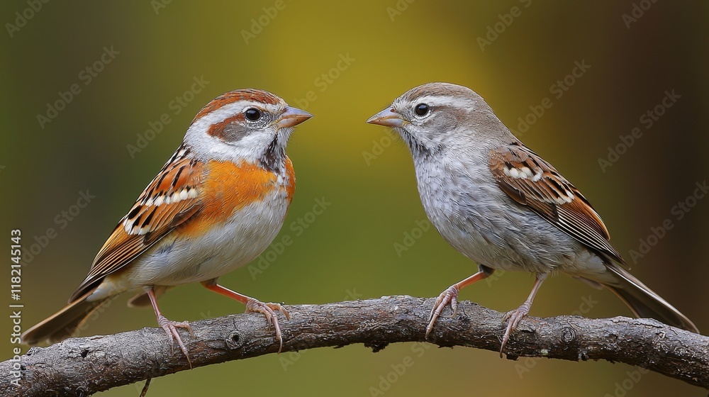 Fototapeta premium A house sparrow (Passer domesticus) and a robin (Erithacus rubecula) sit on a branch, engaging in a natural garden scene