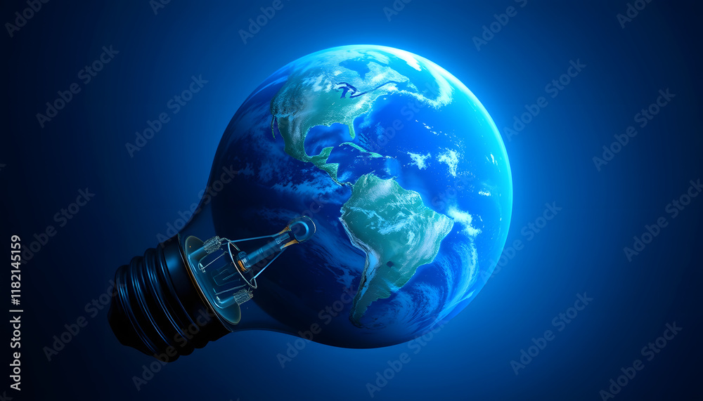 Earth hour background. Blue planet earth in space in a glowing light bulb. copy space, studio photography, with white tones Earth hour background. Blue planet earth in space in a glowing light bulb. copy space, studio photography, with white tones