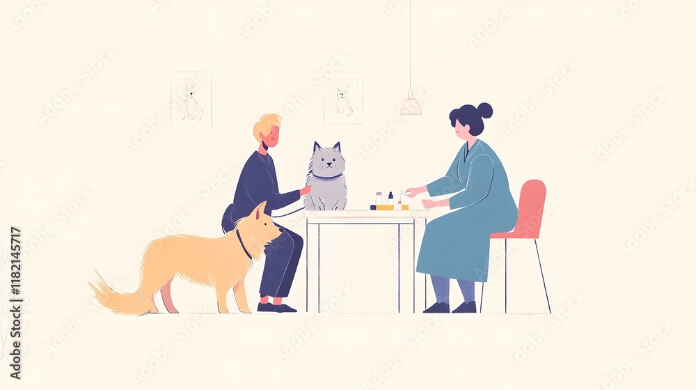 A simple flat vector illustration of two people with their dog in the pet clinic A simple flat vector illustration of two people with their dog in the pet clinic