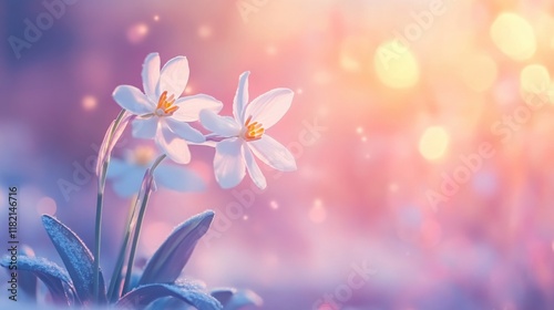 Delicate White Flowers Blooming Against a Soft Colorful Background in Springtime