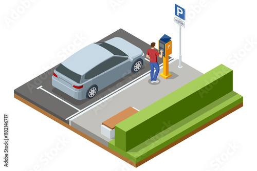 An isometric vector illustration of a man using a solar-powered parking meter to pay for parking. The scene includes a parked gray car and clear road markings