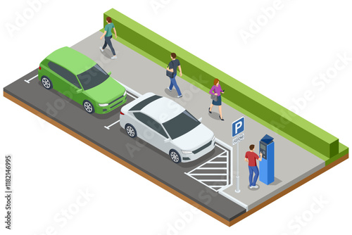 An urban parking setup shown in isometric view with multiple cars, pedestrians, and a parking meter. Clean design and a vibrant urban environment