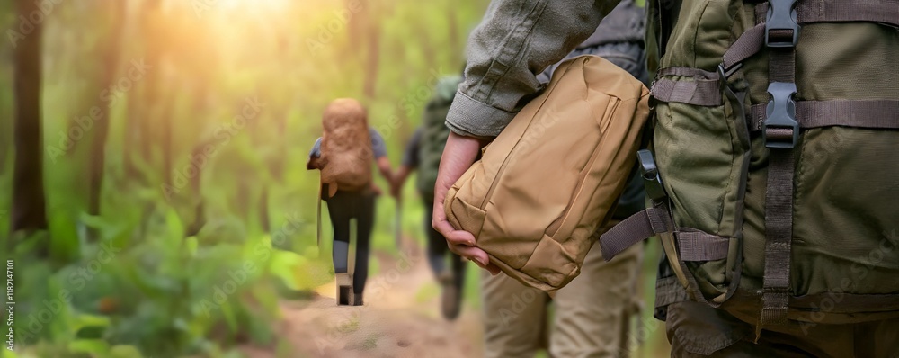 Emotional Value concept. Hikers explore a lush forest trail with backpacks under warm sunlight. Emotional Value concept. Hikers explore a lush forest trail with backpacks under warm sunlight.