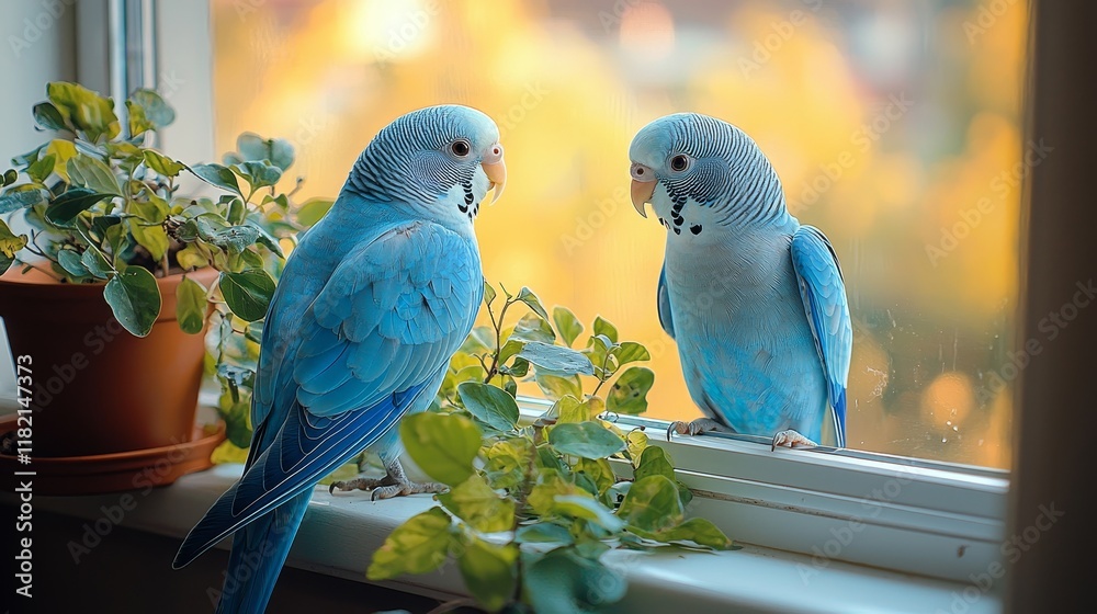 Obraz premium A sunny windowsill is where a parrot plays with its reflection
