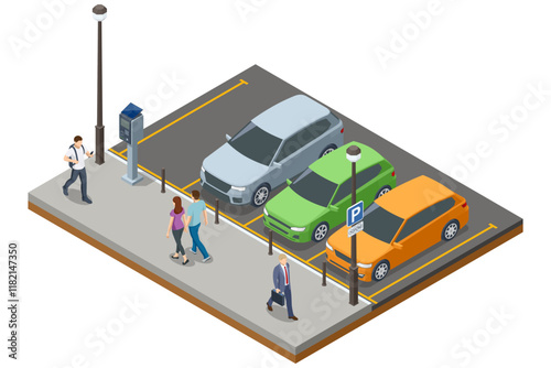An isometric illustration of a busy parking lot with multiple vehicles, a parking meter, and pedestrians. Urban environment with solar-powered payment systems