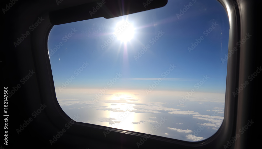 Fototapeta premium the sun is shining over the water from the airplane window, studio lighting, with white tones