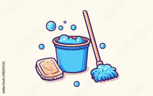 Old-style mop next to a bucket with blue soap bubbles in a flat vector illustration. High contrast colors, simple design, and highly detailed in a clip art sticker style on a white background. 