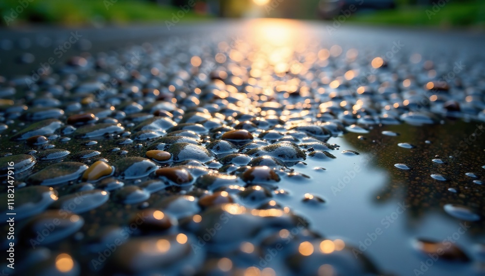 Fototapeta premium Rainy road surface with small pebbles and stones on wet ground, stones, droplets