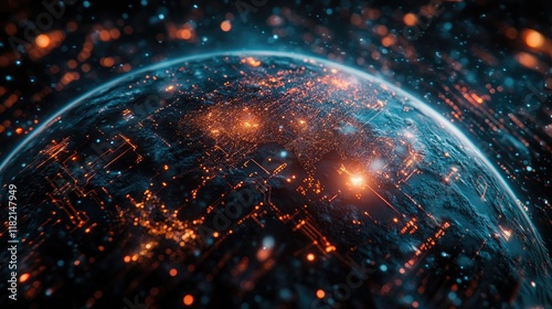 Futuristic digital earth glowing with circuit board patterns and bright lights.