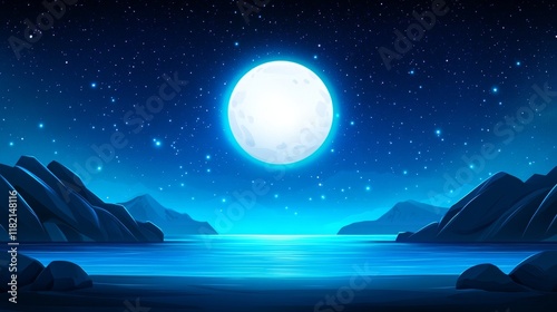 Serene Night Seascape Under Full Moon - Peaceful ocean scene at night, full moon reflecting on tranquil water, dark mountains silhouette, starry sky, symbolizing calmness, mystery, dreams, hope, and s photo