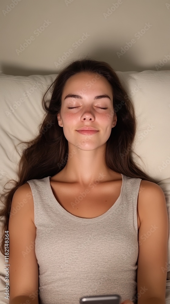 Peaceful Night Rest with Sleepy Woman Relaxing in Bed, Overcoming Insomnia, Sleep Disorders, and Disturbed Sleep Patterns in Cozy Bedroom Ambiance Peaceful Night Rest with Sleepy Woman Relaxing in Bed, Overcoming Insomnia, Sleep Disorders, and Disturbed Sleep Patterns in Cozy Bedroom Ambiance