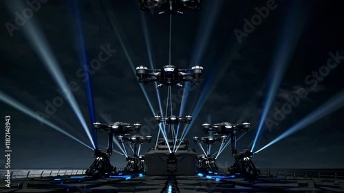 Stunning light display featuring drones performing synchronized choreography over the ocean at night