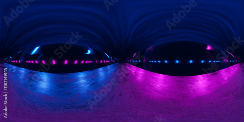 360-Degree View VR Cosmic Road Illuminated by Blue and Purple Neon Lights in Futuristic Style 3d Render Illustration
